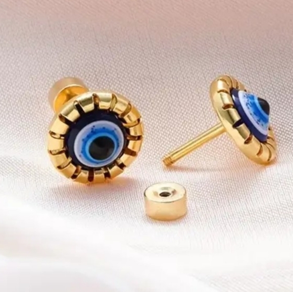 Evil Eye Studs Goldtone Hypoallergenic Earrings NWOT - Picture 4 of 5